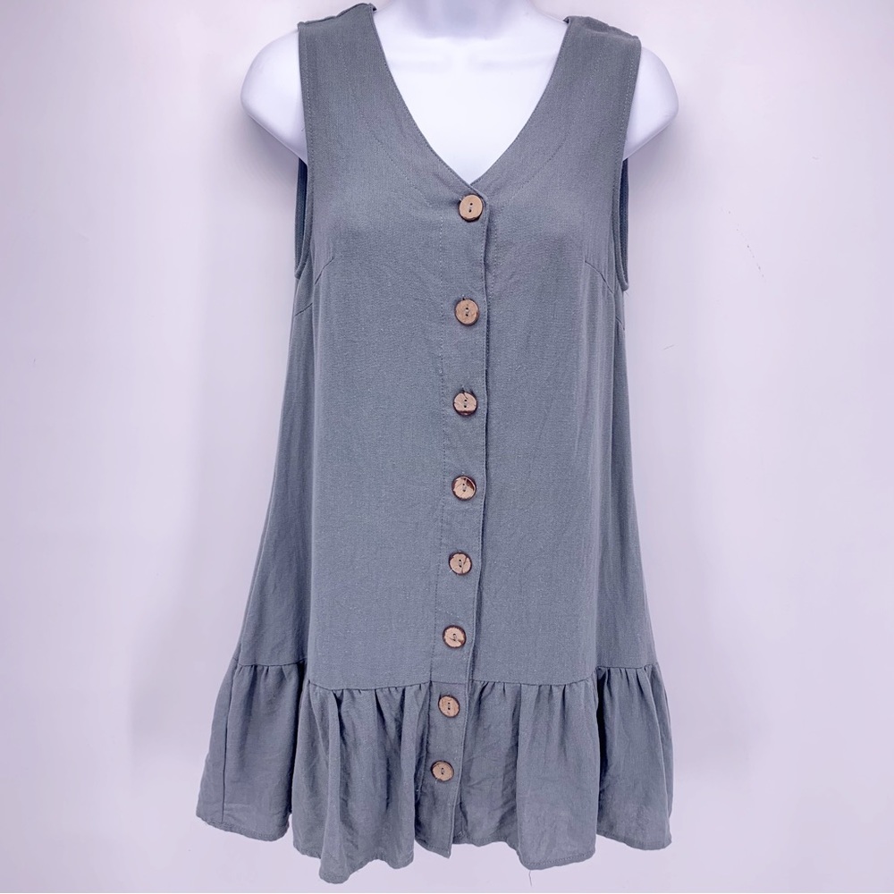 Vici Green Button Down Ruffle Bottom Mini Dress S… - image 1